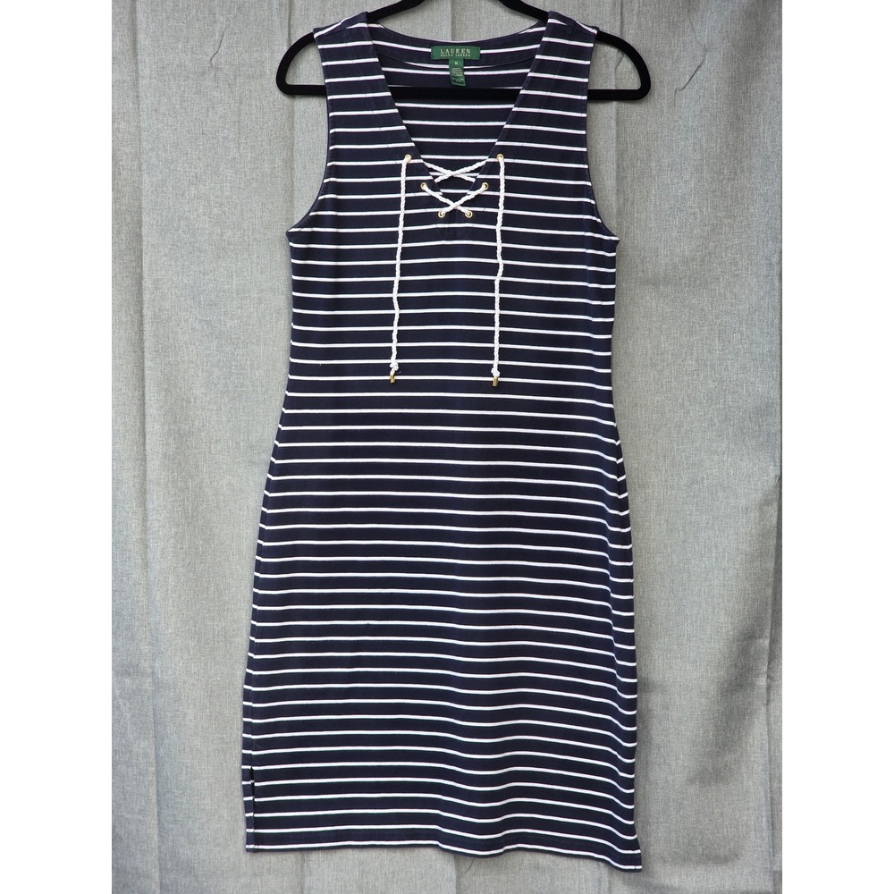 Lauren Ralph Lauren Navy White Striped Lace Up V-Neck Cotton Dress Medium